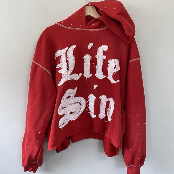 Y2K Life Of Sin Distressed Embroidered Bling Cross Hoodie - Picture 9 of 16
